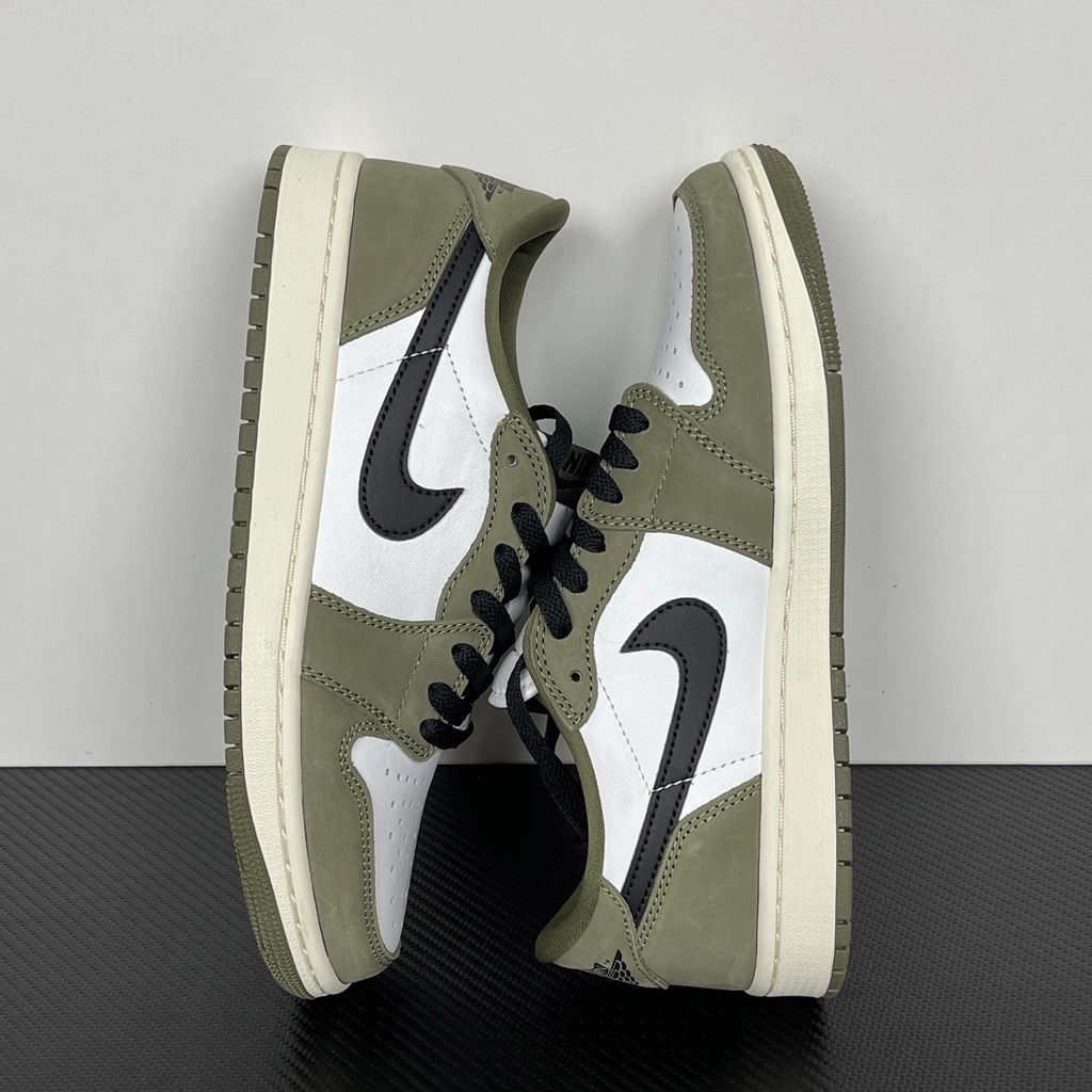 Side profile of Air Jordan 1 Retro Low OG Medium Olive sneaker HQ6998-200, featuring an olive green and summit white leather upper with a sail midsole. Available in Singapore and Malaysia..jpg