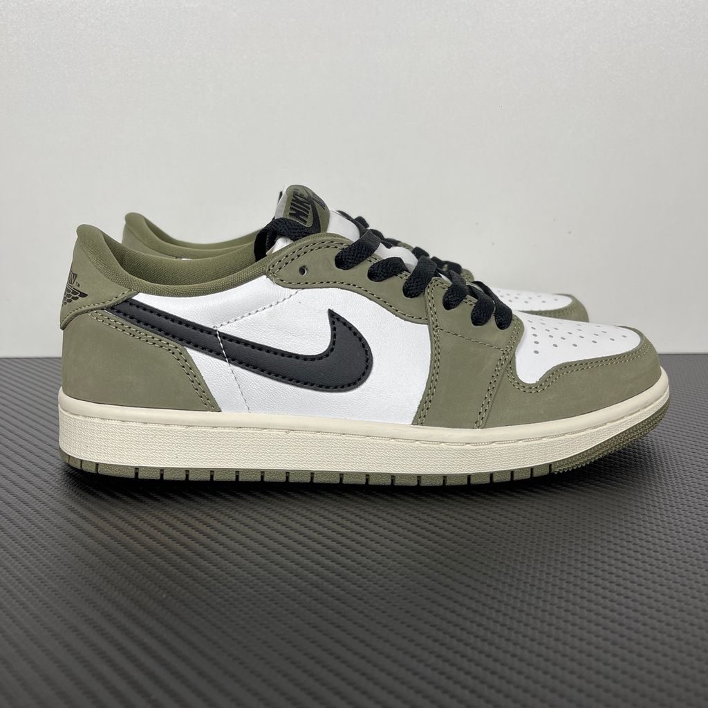 Side profile of Air Jordan 1 Retro Low OG Medium Olive sneaker HQ6998-200, featuring an olive green and summit white leather upper with a sail midsole. Available in Singapore and Malaysia..jpg