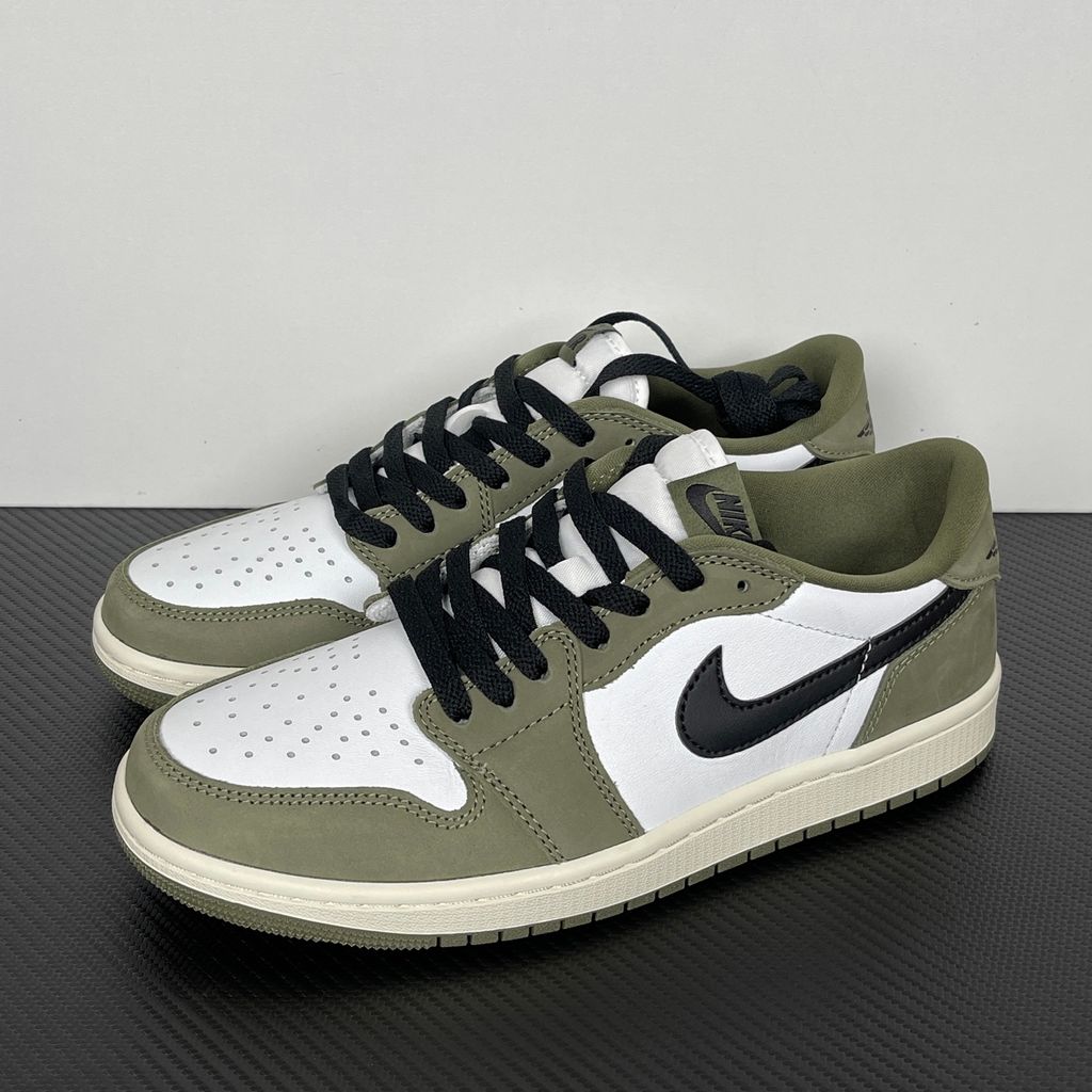 Side profile of Air Jordan 1 Retro Low OG Medium Olive sneaker HQ6998-200, featuring an olive green and summit white leather upper with a sail midsole. Available in Singapore and Malaysia..jpg