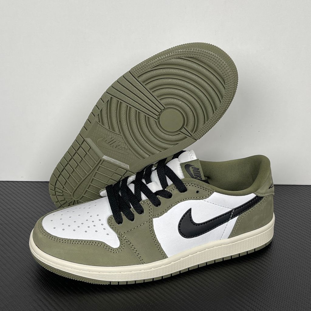 Side profile of Air Jordan 1 Retro Low OG Medium Olive sneaker HQ6998-200, featuring an olive green and summit white leather upper with a sail midsole. Available in Singapore and Malaysia..jpg
