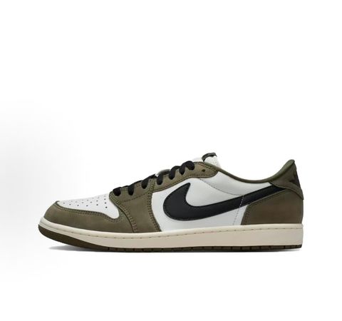 Side profile of Air Jordan 1 Retro Low OG Medium Olive sneaker HQ6998-200, featuring an olive green and summit white leather upper with a sail midsole. Available in Singapore and Malaysia.