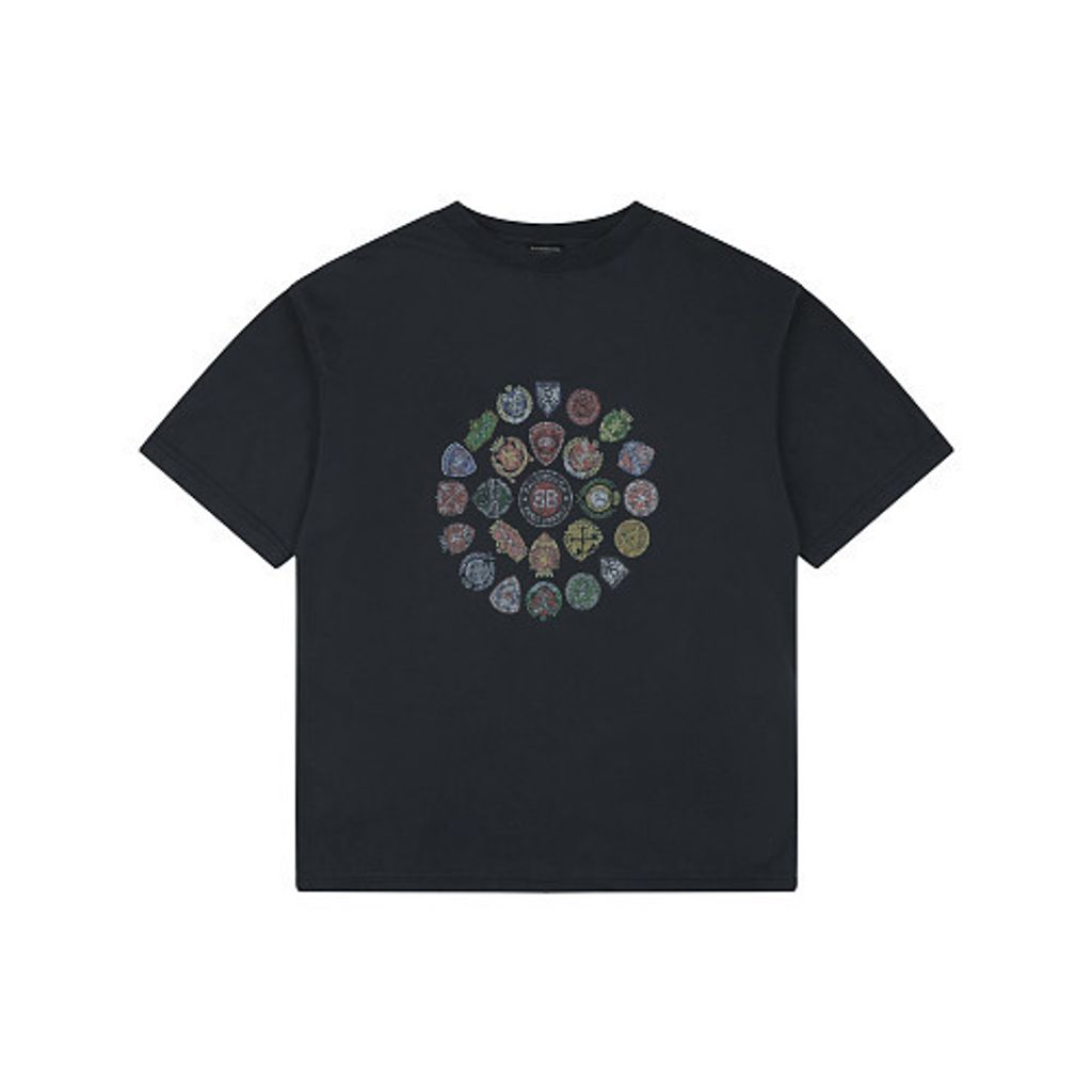 Front and back view of the Balenciaga Vintage Badge Print T-Shirt in washed black, featuring a circular vintage badge graphic on the front, a gothic logo on the back, and a relaxed oversized fit. Available in Singapore and Malaysia.