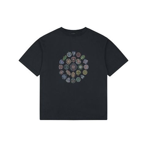 Front and back view of the Balenciaga Vintage Badge Print T-Shirt in washed black, featuring a circular vintage badge graphic on the front, a gothic logo on the back, and a relaxed oversized fit. Available in Singapore and Malaysia.