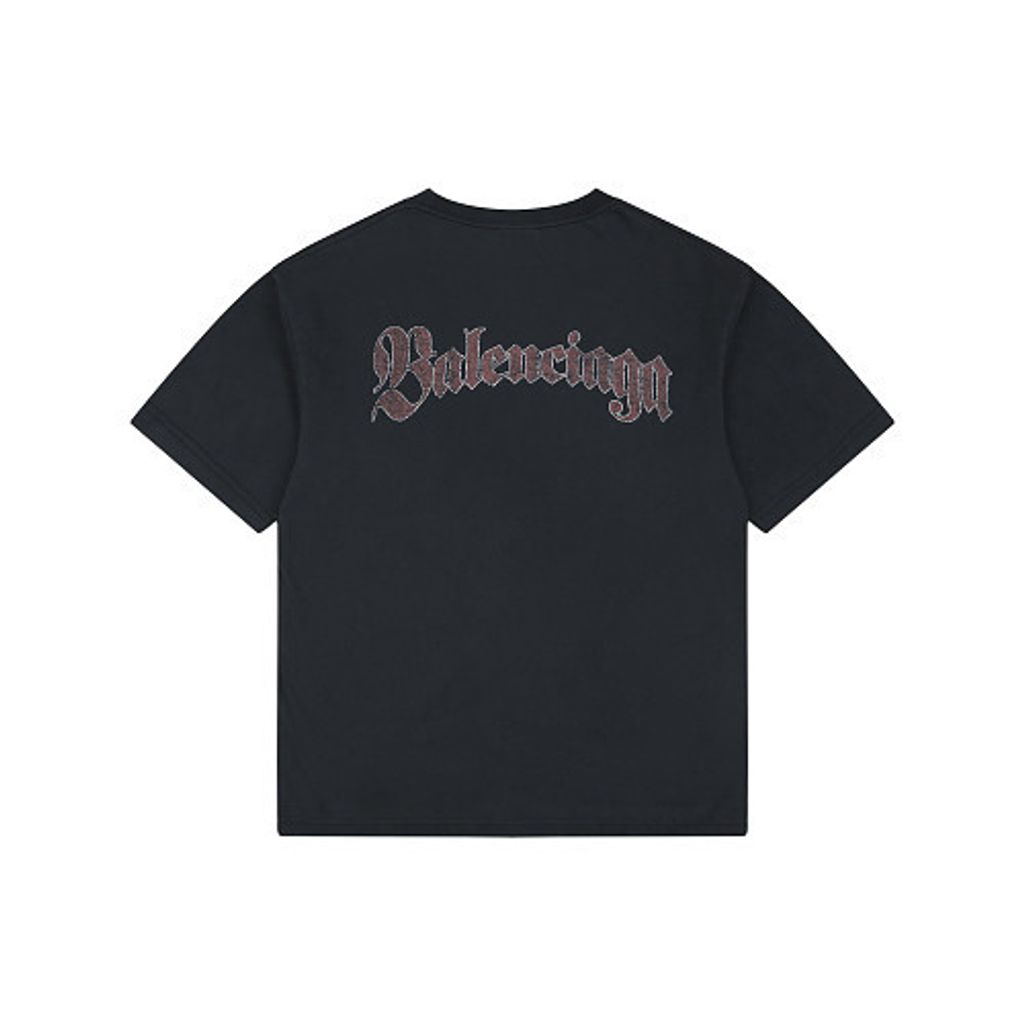 Front and back view of the Balenciaga Vintage Badge Print T-Shirt in washed black, featuring a circular vintage badge graphic on the front, a gothic logo on the back, and a relaxed oversized fit. Available in Singapore and Malaysia.