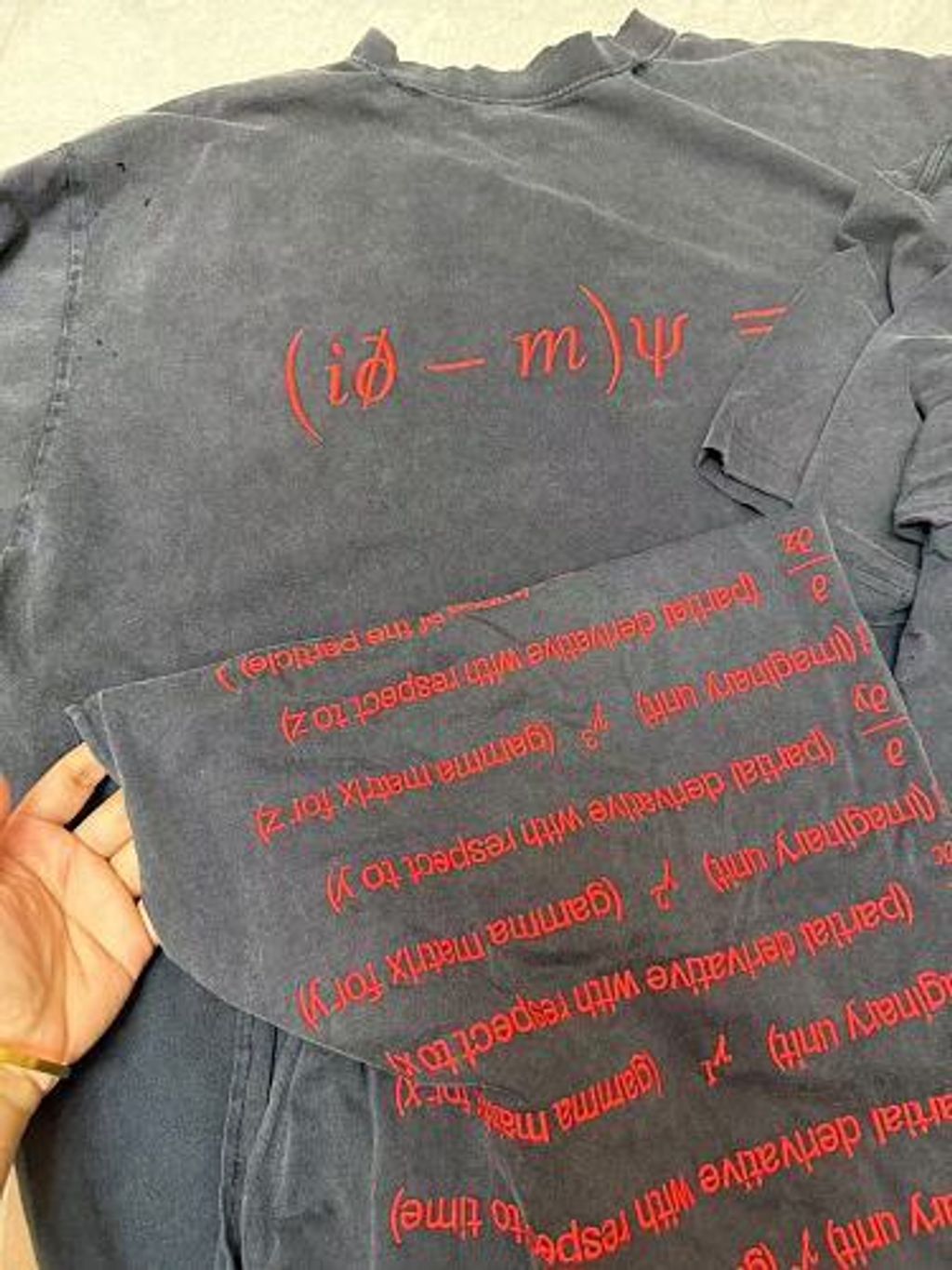 Front and back view of the Balenciaga Dirac Equation embroidered t-shirt in washed black, featuring red physics equation embroidery on the chest, explanatory text on the back, and hand-distressed collar and cuffs. Available in Singapore and Malaysia.