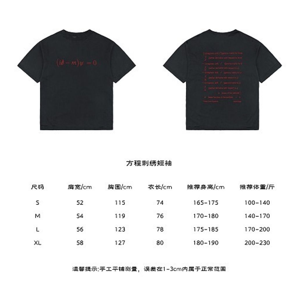 Front and back view of the Balenciaga Dirac Equation embroidered t-shirt in washed black, featuring red physics equation embroidery on the chest, explanatory text on the back, and hand-distressed collar and cuffs. Available in Singapore and Malaysia.