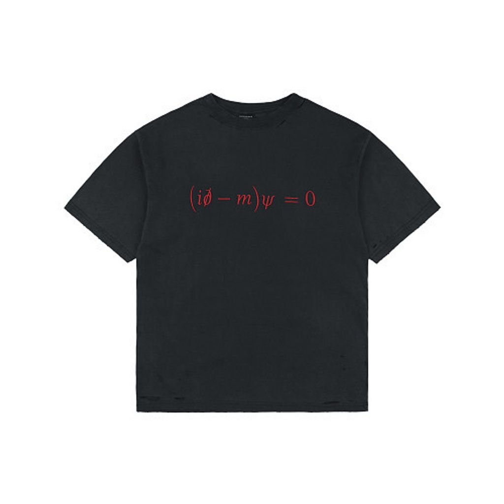 Front and back view of the Balenciaga Dirac Equation embroidered t-shirt in washed black, featuring red physics equation embroidery on the chest, explanatory text on the back, and hand-distressed collar and cuffs. Available in Singapore and Malaysia.