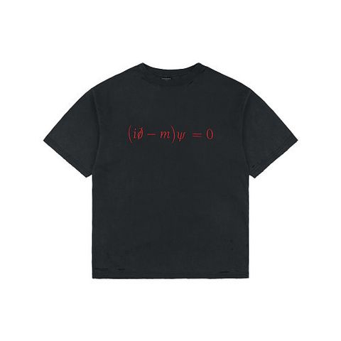 Front and back view of the Balenciaga Dirac Equation embroidered t-shirt in washed black, featuring red physics equation embroidery on the chest, explanatory text on the back, and hand-distressed collar and cuffs. Available in Singapore and Malaysia.