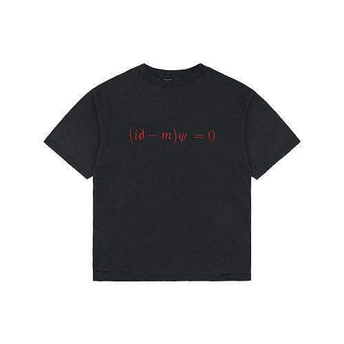 Front and back view of the Balenciaga Dirac Equation embroidered t-shirt in washed black, featuring red physics equation embroidery on the chest, explanatory text on the back, and hand-distressed collar and cuffs. Available in Singapore and Malaysia.