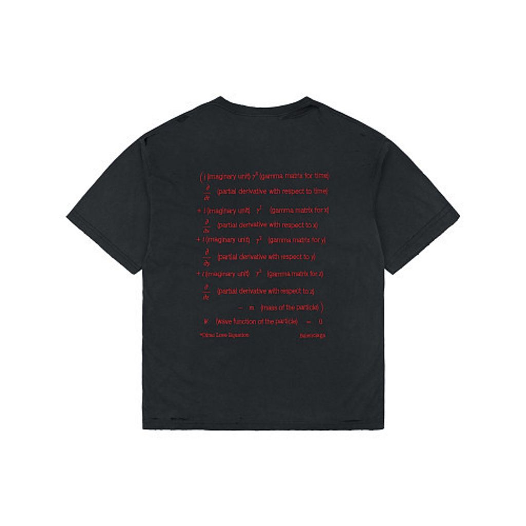 Front and back view of the Balenciaga Dirac Equation embroidered t-shirt in washed black, featuring red physics equation embroidery on the chest, explanatory text on the back, and hand-distressed collar and cuffs. Available in Singapore and Malaysia.