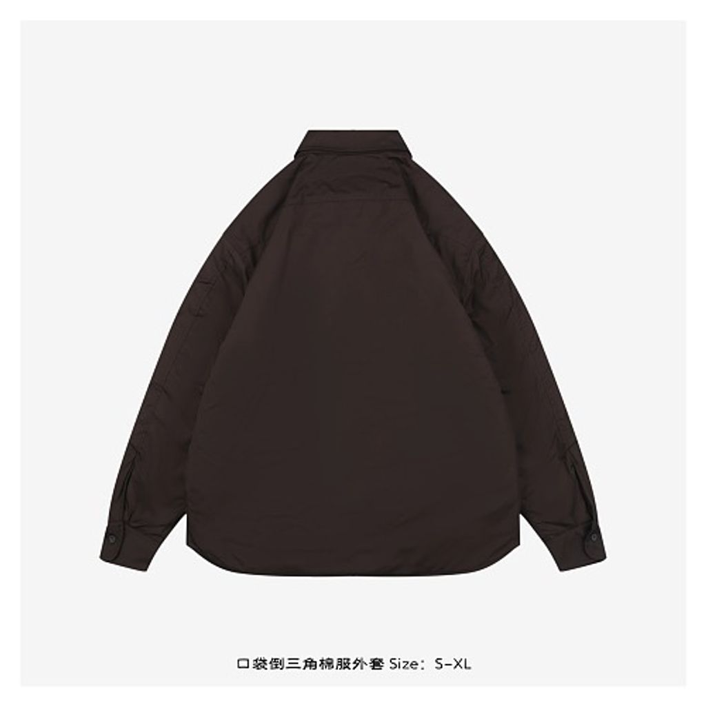 Front and back view of the Prada Inverted Triangle padded overshirt in dark espresso brown, featuring a chest pocket with subtle triangle logo, 200-count pure cotton fabric, and mother-of-pearl buttons. Available in Singapore and Malaysia.