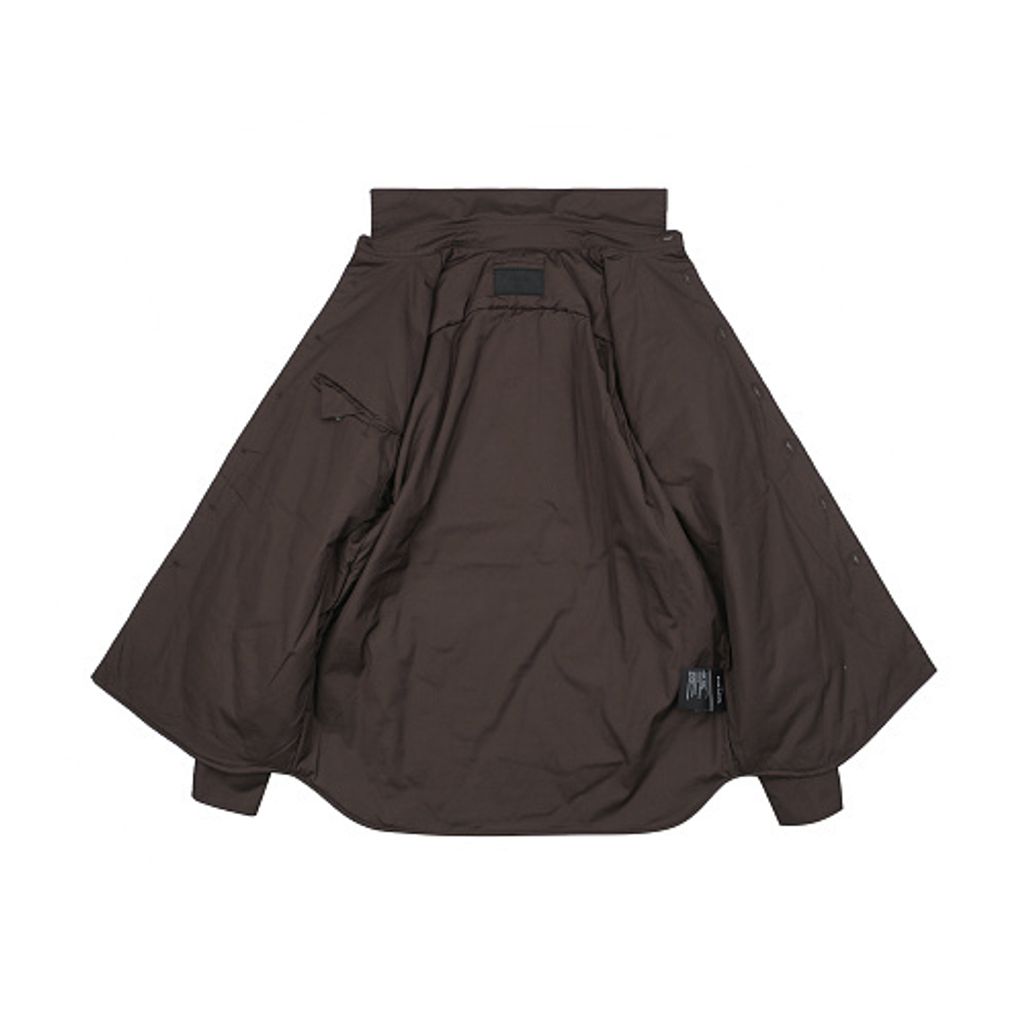 Front and back view of the Prada Inverted Triangle padded overshirt in dark espresso brown, featuring a chest pocket with subtle triangle logo, 200-count pure cotton fabric, and mother-of-pearl buttons. Available in Singapore and Malaysia.
