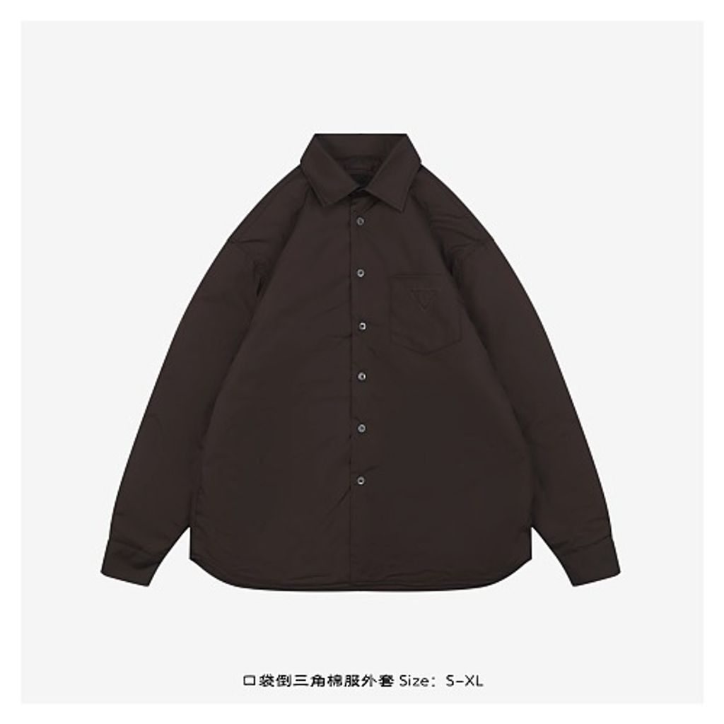 Front and back view of the Prada Inverted Triangle padded overshirt in dark espresso brown, featuring a chest pocket with subtle triangle logo, 200-count pure cotton fabric, and mother-of-pearl buttons. Available in Singapore and Malaysia.