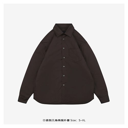 Front and back view of the Prada Inverted Triangle padded overshirt in dark espresso brown, featuring a chest pocket with subtle triangle logo, 200-count pure cotton fabric, and mother-of-pearl buttons. Available in Singapore and Malaysia.