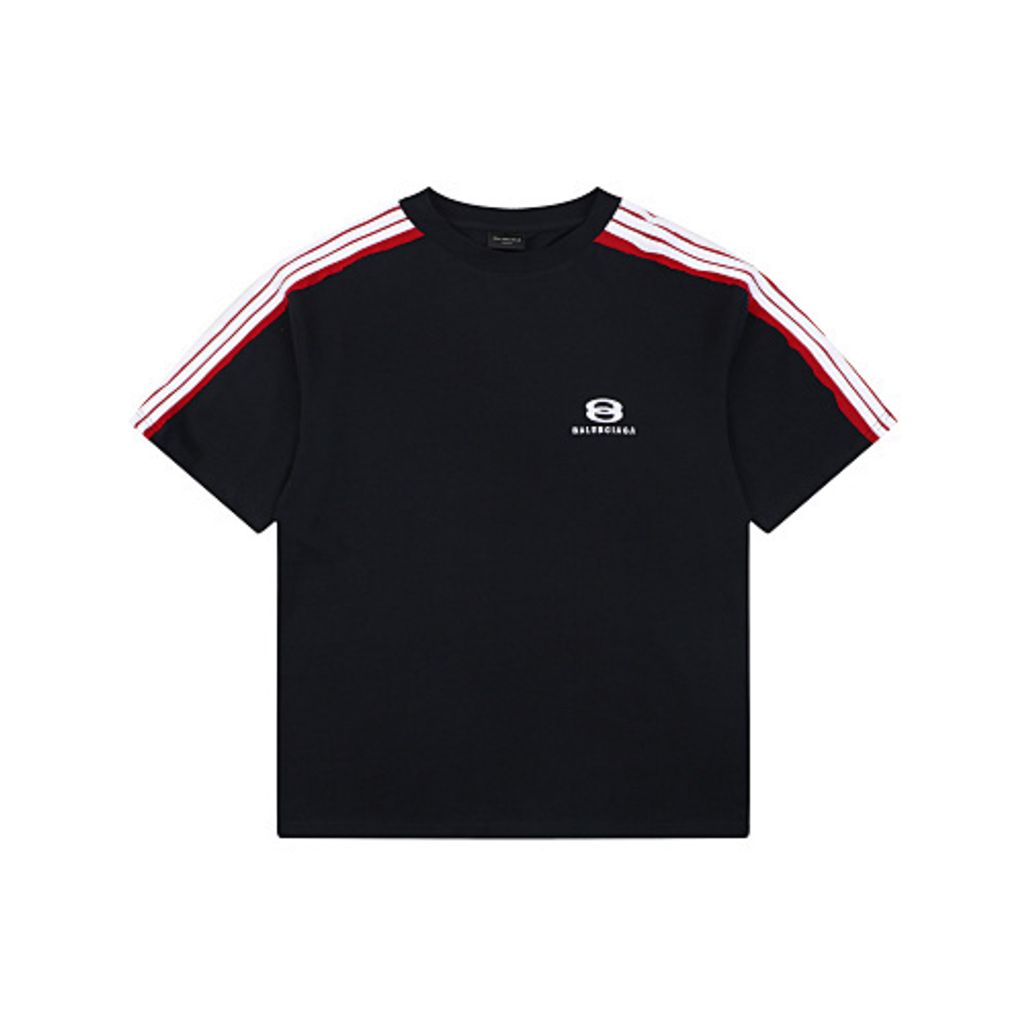 Front and back view of the Balenciaga Double Ring stripe t-shirt in black, featuring red and white racing stripes on the shoulders, a double-ring logo on the chest, and a relaxed oversized fit. Available in Singapore and Malaysia.