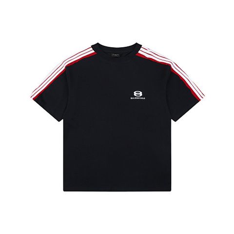 Front and back view of the Balenciaga Double Ring stripe t-shirt in black, featuring red and white racing stripes on the shoulders, a double-ring logo on the chest, and a relaxed oversized fit. Available in Singapore and Malaysia.