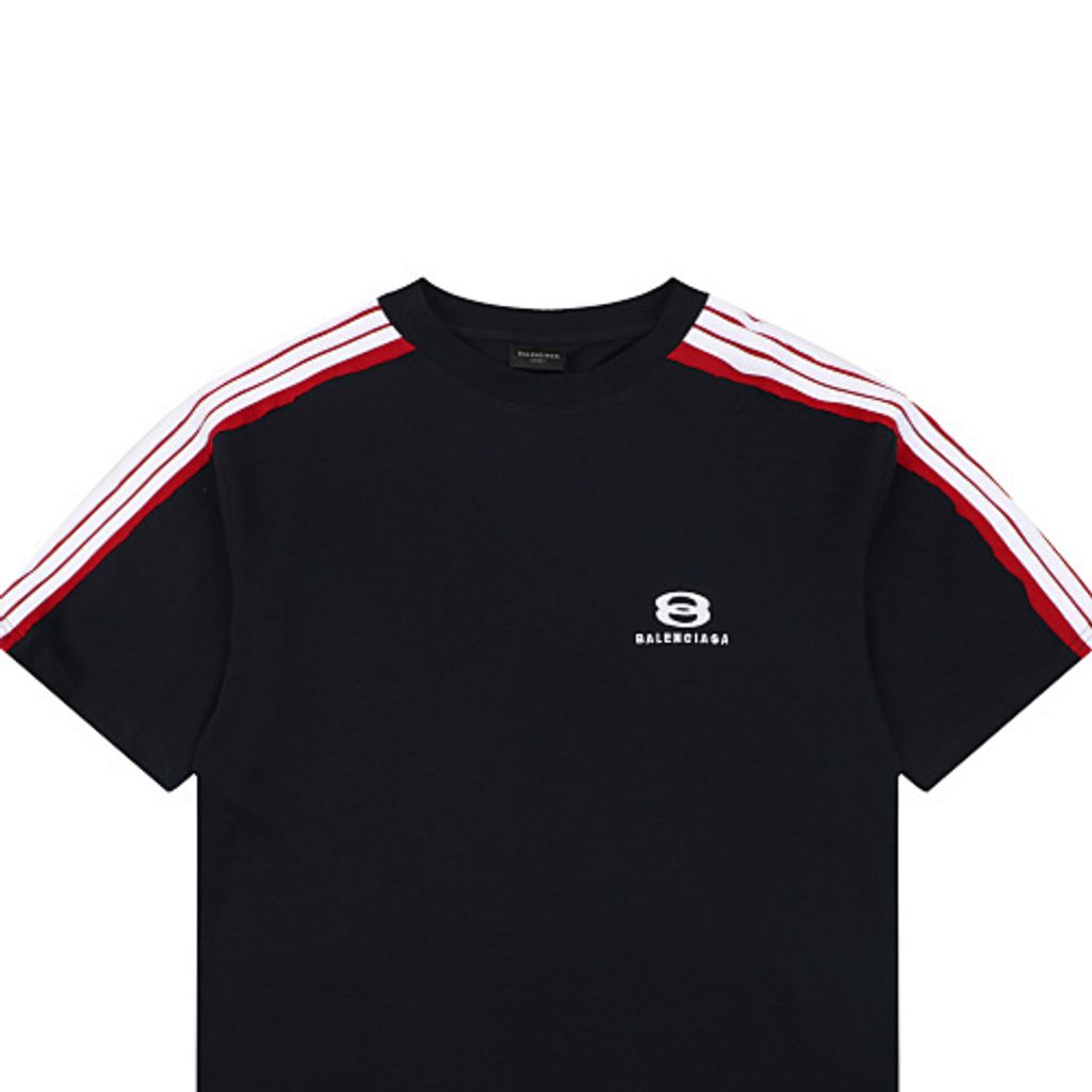 Front and back view of the Balenciaga Double Ring stripe t-shirt in black, featuring red and white racing stripes on the shoulders, a double-ring logo on the chest, and a relaxed oversized fit. Available in Singapore and Malaysia.