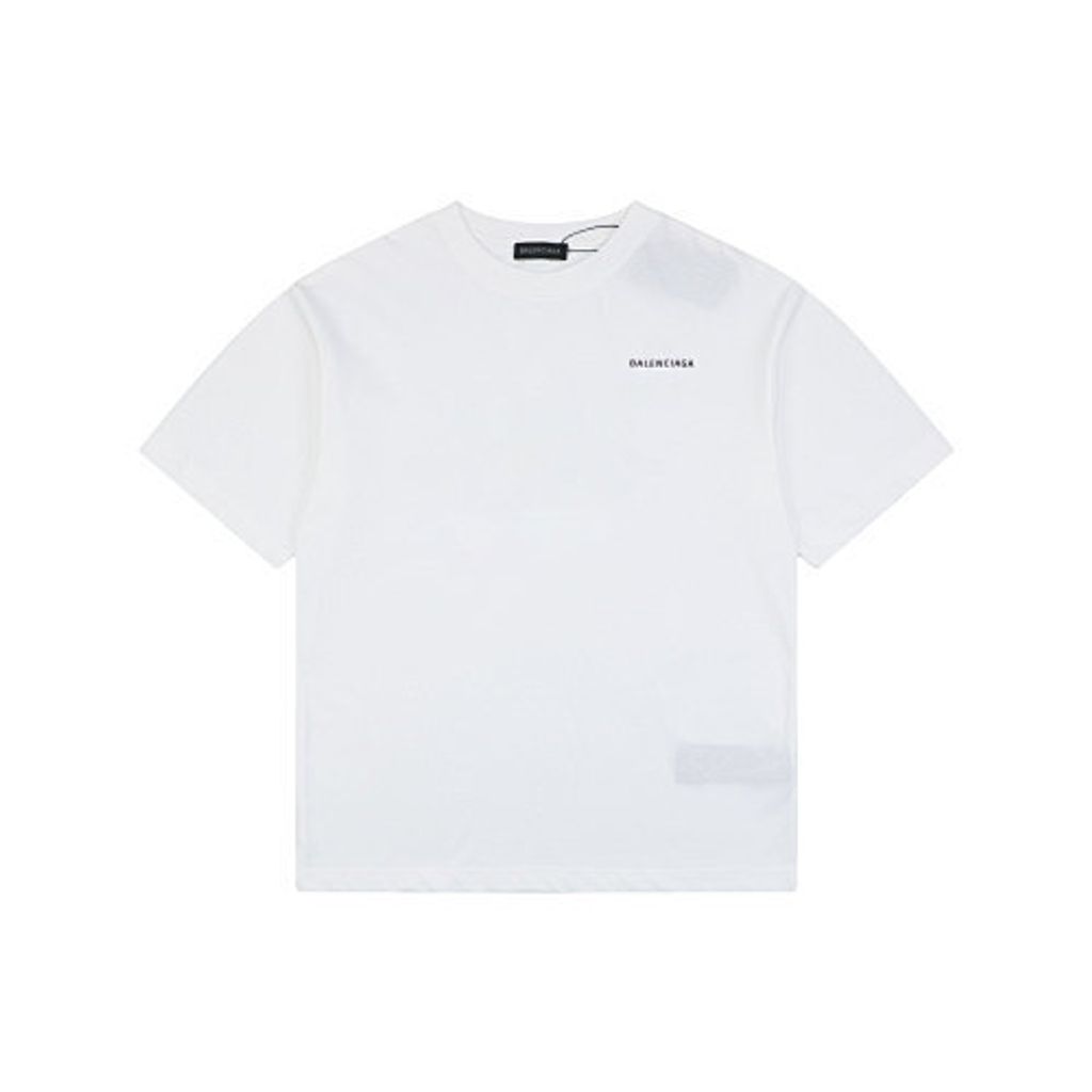 Front and back view of the Balenciaga oversized t-shirt in white, featuring a small black logo on the right chest, a large logo across the back, and a relaxed drop-shoulder fit. Available in Singapore and Malaysia.