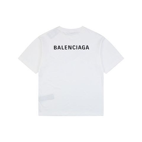 Front and back view of the Balenciaga oversized t-shirt in white, featuring a small black logo on the right chest, a large logo across the back, and a relaxed drop-shoulder fit. Available in Singapore and Malaysia.