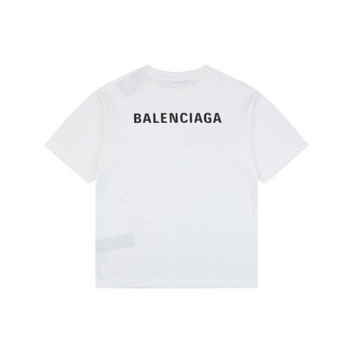 Front and back view of the Balenciaga oversized t-shirt in white, featuring a small black logo on the right chest, a large logo across the back, and a relaxed drop-shoulder fit. Available in Singapore and Malaysia.