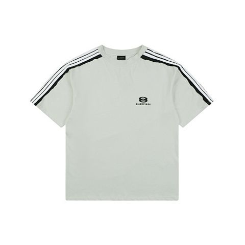 Front and back view of the Balenciaga Double Ring stripe t-shirt in off-white, featuring black and white racing stripes on the shoulders, a double-ring logo on the chest, and a relaxed oversized fit. Available in Singapore and Malaysia.