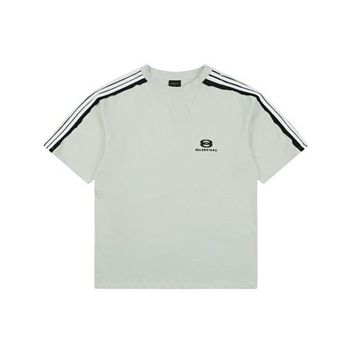 Front and back view of the Balenciaga Double Ring stripe t-shirt in off-white, featuring black and white racing stripes on the shoulders, a double-ring logo on the chest, and a relaxed oversized fit. Available in Singapore and Malaysia.