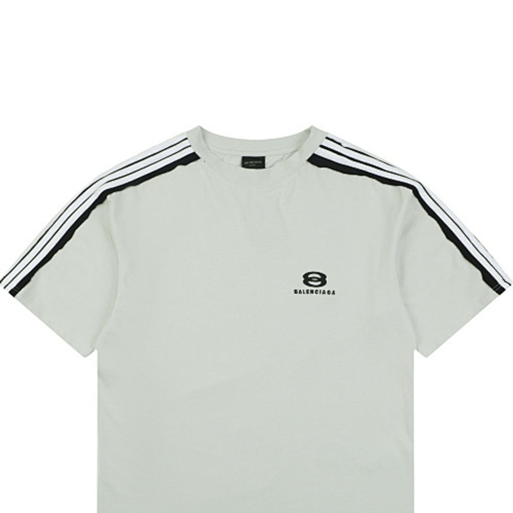 Front and back view of the Balenciaga Double Ring stripe t-shirt in off-white, featuring black and white racing stripes on the shoulders, a double-ring logo on the chest, and a relaxed oversized fit. Available in Singapore and Malaysia.