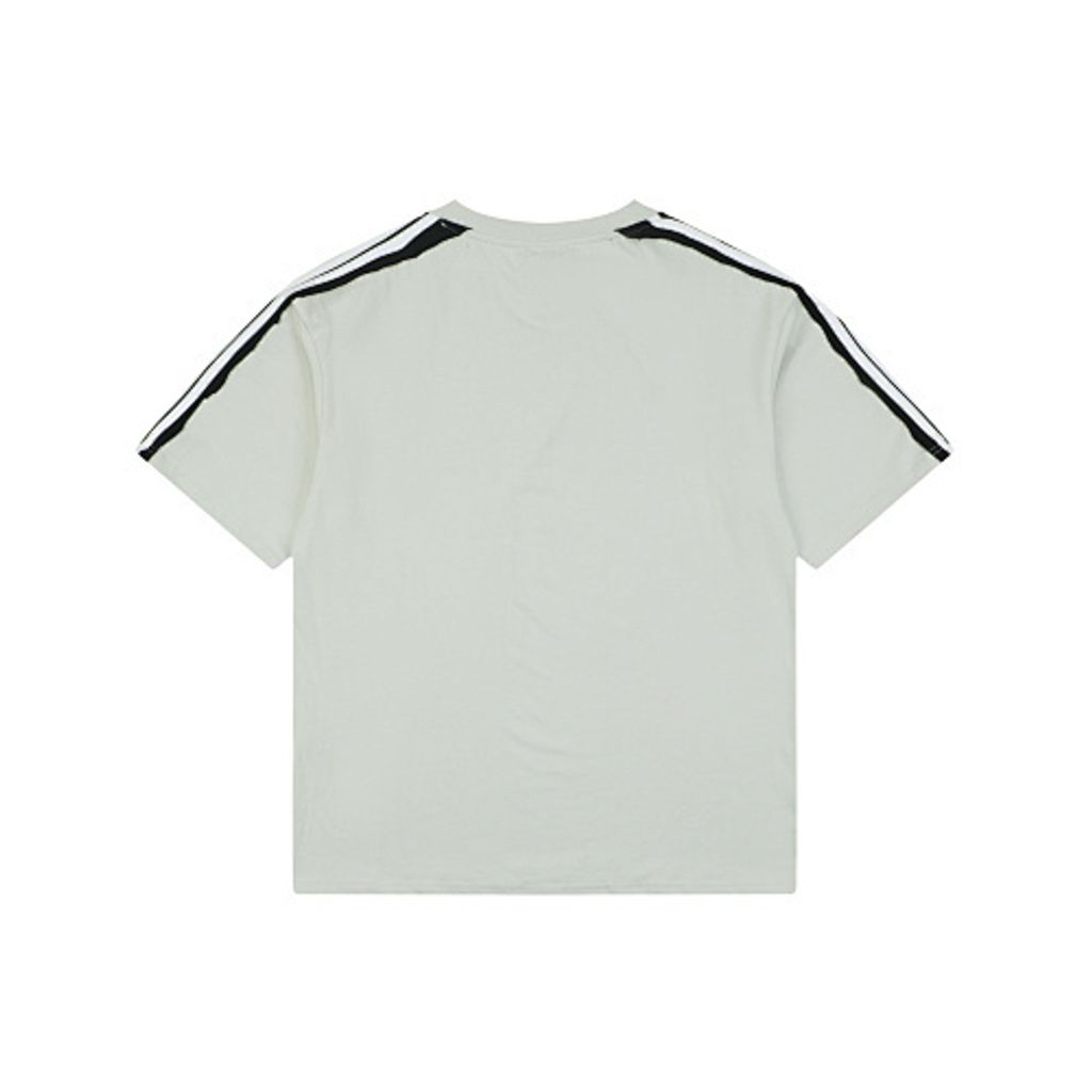 Front and back view of the Balenciaga Double Ring stripe t-shirt in off-white, featuring black and white racing stripes on the shoulders, a double-ring logo on the chest, and a relaxed oversized fit. Available in Singapore and Malaysia.