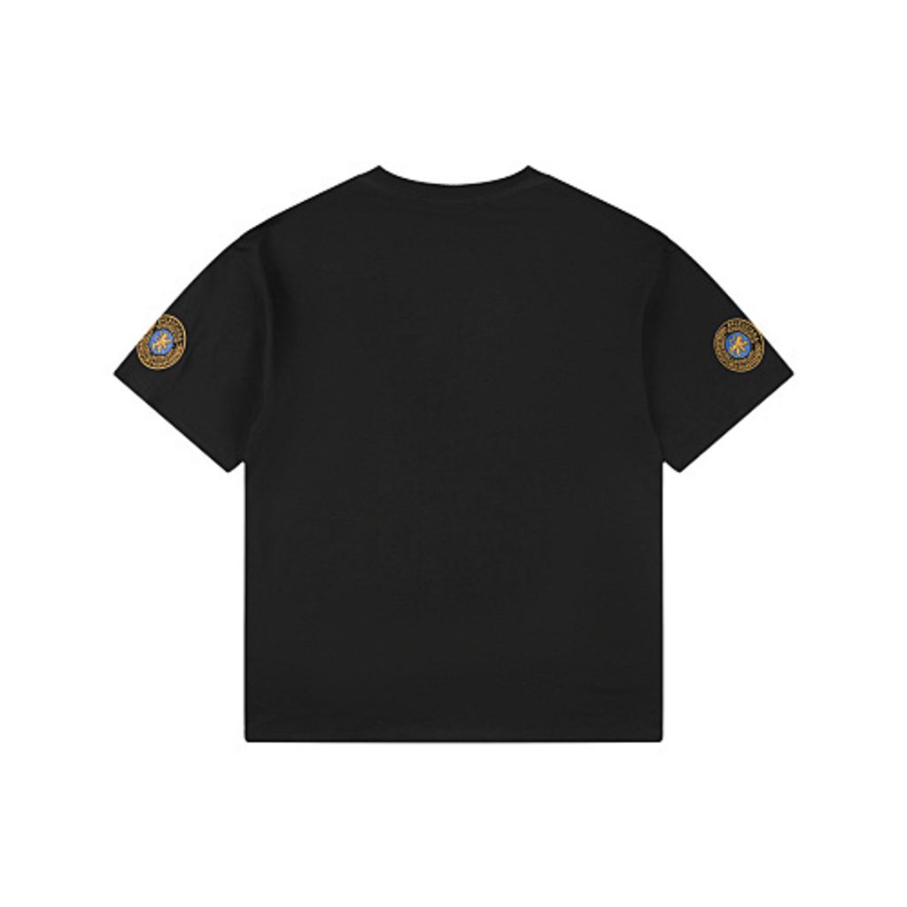 Front and back view of the Balenciaga Double Lion Emblem t-shirt in black, featuring a center chest logo, embroidered lion crests on the sleeves, and a relaxed oversized fit. Available in Singapore and Malaysia.