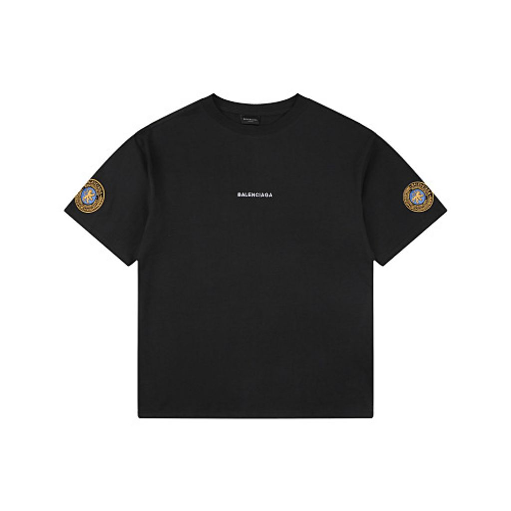 Front and back view of the Balenciaga Double Lion Emblem t-shirt in black, featuring a center chest logo, embroidered lion crests on the sleeves, and a relaxed oversized fit. Available in Singapore and Malaysia.