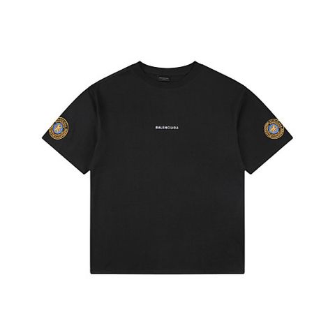 Front and back view of the Balenciaga Double Lion Emblem t-shirt in black, featuring a center chest logo, embroidered lion crests on the sleeves, and a relaxed oversized fit. Available in Singapore and Malaysia.