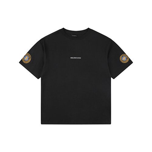 Front and back view of the Balenciaga Double Lion Emblem t-shirt in black, featuring a center chest logo, embroidered lion crests on the sleeves, and a relaxed oversized fit. Available in Singapore and Malaysia.