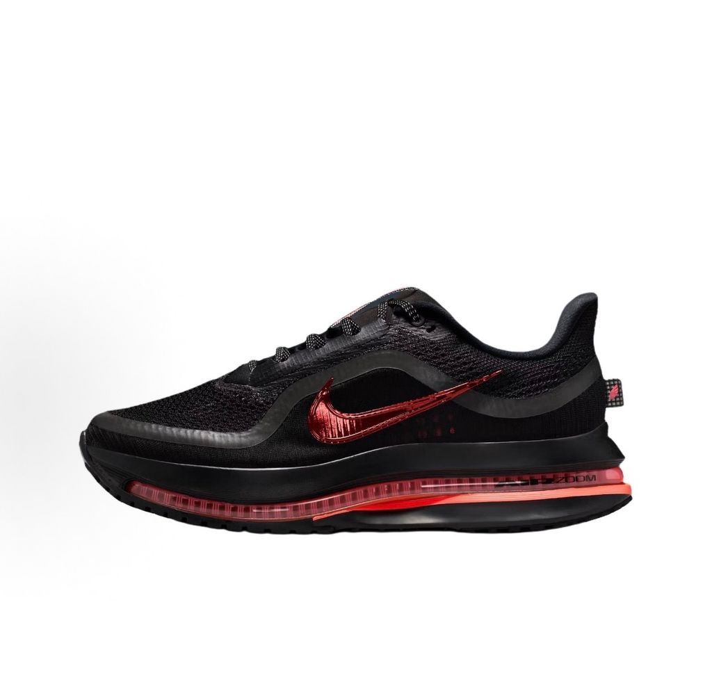 Side profile of the Nike Air Zoom Pegasus Premium running shoe HQ2593-010 in Hot Lava, featuring a vibrant red-orange knit upper, a sculpted visible Zoom Air unit, and a thick ZoomX midsole. Available in Singapore and Malaysia.