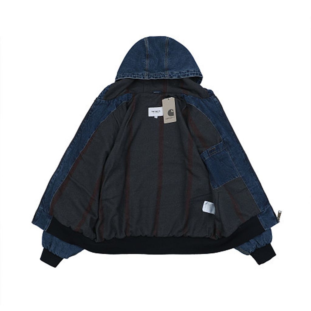 Front and back view of the Carhartt J140 washed denim jacket, featuring heavyweight faded blue denim, a classic square Carhartt logo patch, ribbed hem, and an oversized American workwear fit. Available in Singapore and Malaysia.