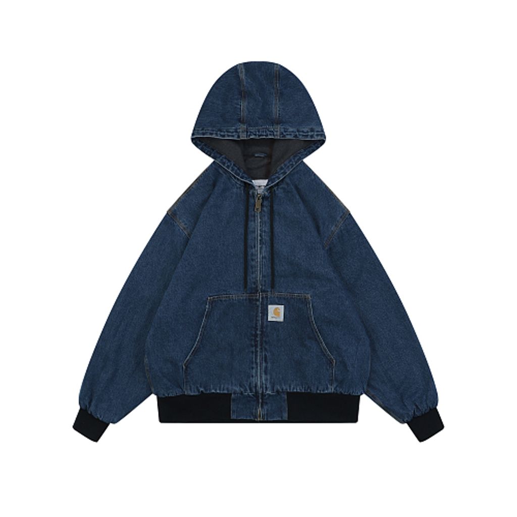 Front and back view of the Carhartt J140 washed denim jacket, featuring heavyweight faded blue denim, a classic square Carhartt logo patch, ribbed hem, and an oversized American workwear fit. Available in Singapore and Malaysia.