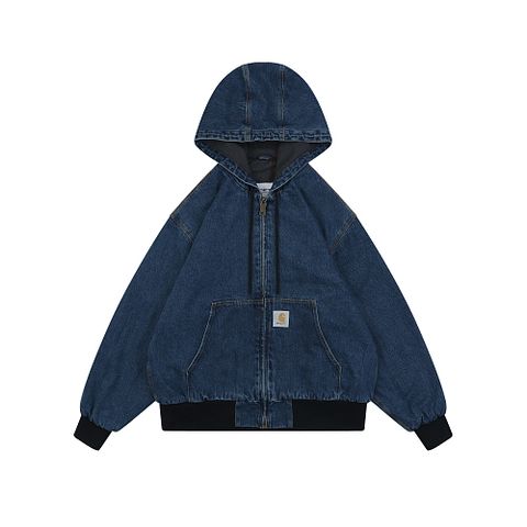 Front and back view of the Carhartt J140 washed denim jacket, featuring heavyweight faded blue denim, a classic square Carhartt logo patch, ribbed hem, and an oversized American workwear fit. Available in Singapore and Malaysia.