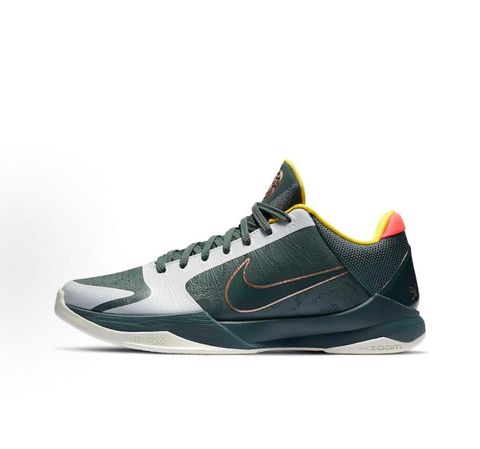 Side profile of the Nike Kobe 5 Protro sneaker CD4991-300 in the EYBL Girls colorway, featuring a dark forest green synthetic upper, a metallic red bronze Swoosh, and the EYBL logo on the tongue. Available in Singapore and Malaysia.