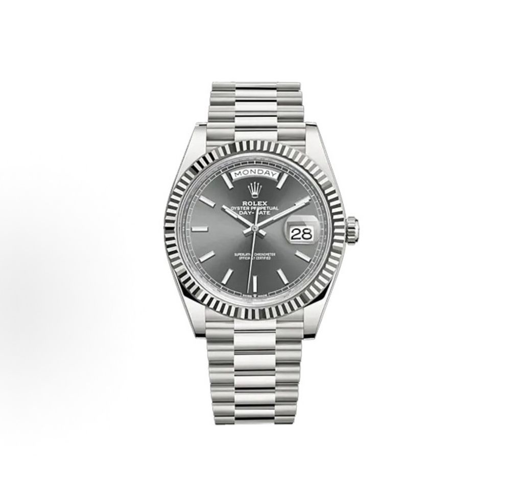 Front view of the Rolex Day-Date 40 timepiece reference M228239-0060, crafted entirely in solid 18ct white gold, featuring a slate sunray dial, baton hour markers, a fluted bezel, and the iconic President bracelet. Available in Singapore and Malaysia.