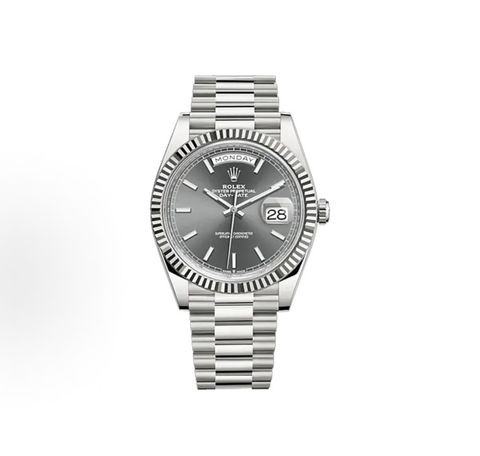 Front view of the Rolex Day-Date 40 timepiece reference M228239-0060, crafted entirely in solid 18ct white gold, featuring a slate sunray dial, baton hour markers, a fluted bezel, and the iconic President bracelet. Available in Singapore and Malaysia.