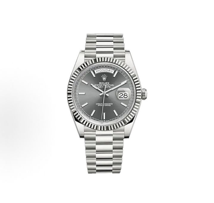 Front view of the Rolex Day-Date 40 timepiece reference M228239-0060, crafted entirely in solid 18ct white gold, featuring a slate sunray dial, baton hour markers, a fluted bezel, and the iconic President bracelet. Available in Singapore and Malaysia.
