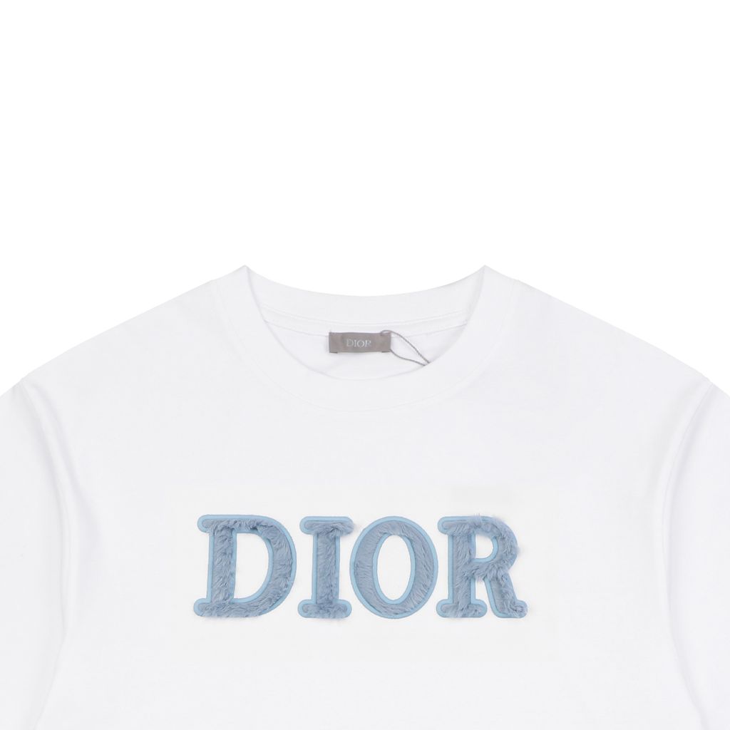 CD Blue Velvet Dio Embroidery Detail on White Cotton T-Shirt