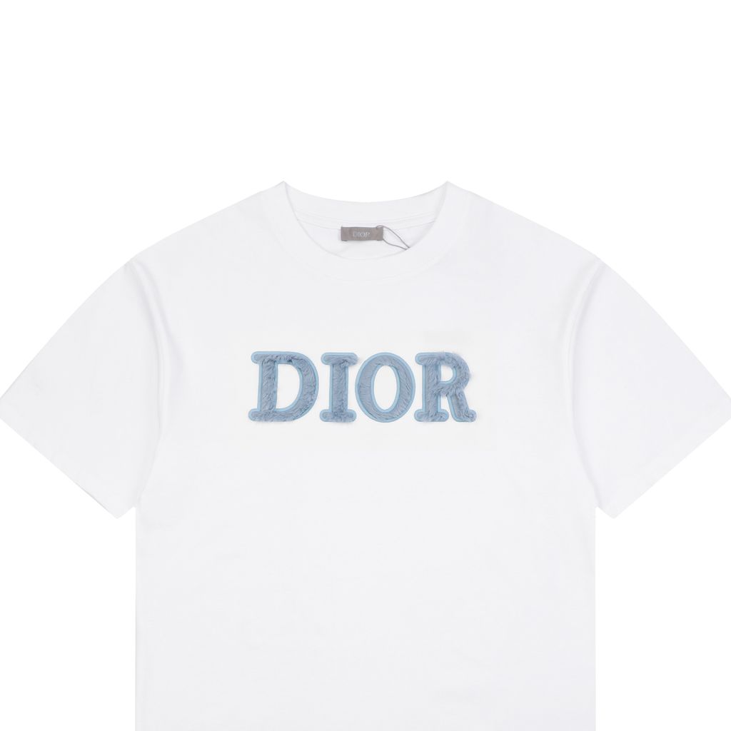 CD Blue Velvet Dio Embroidery Detail on White Cotton T-Shirt