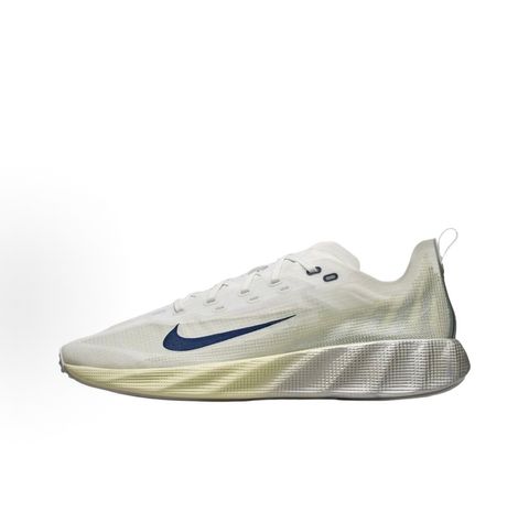 Nike Ava X retro running sneaker in Metallic Silver, Alabaster, and Midnight Navy, featuring a breathable mesh upper and responsive Cushlon midsole, SKU HM9697-003.