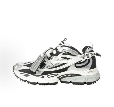 Authentic Off-White Be Right Back (BRB) sneaker in metallic silver, white, and black, featuring a technical mesh base and the signature Off-White Arrow logo on the lateral side, SKU OMIA29SS26FAB0017210.