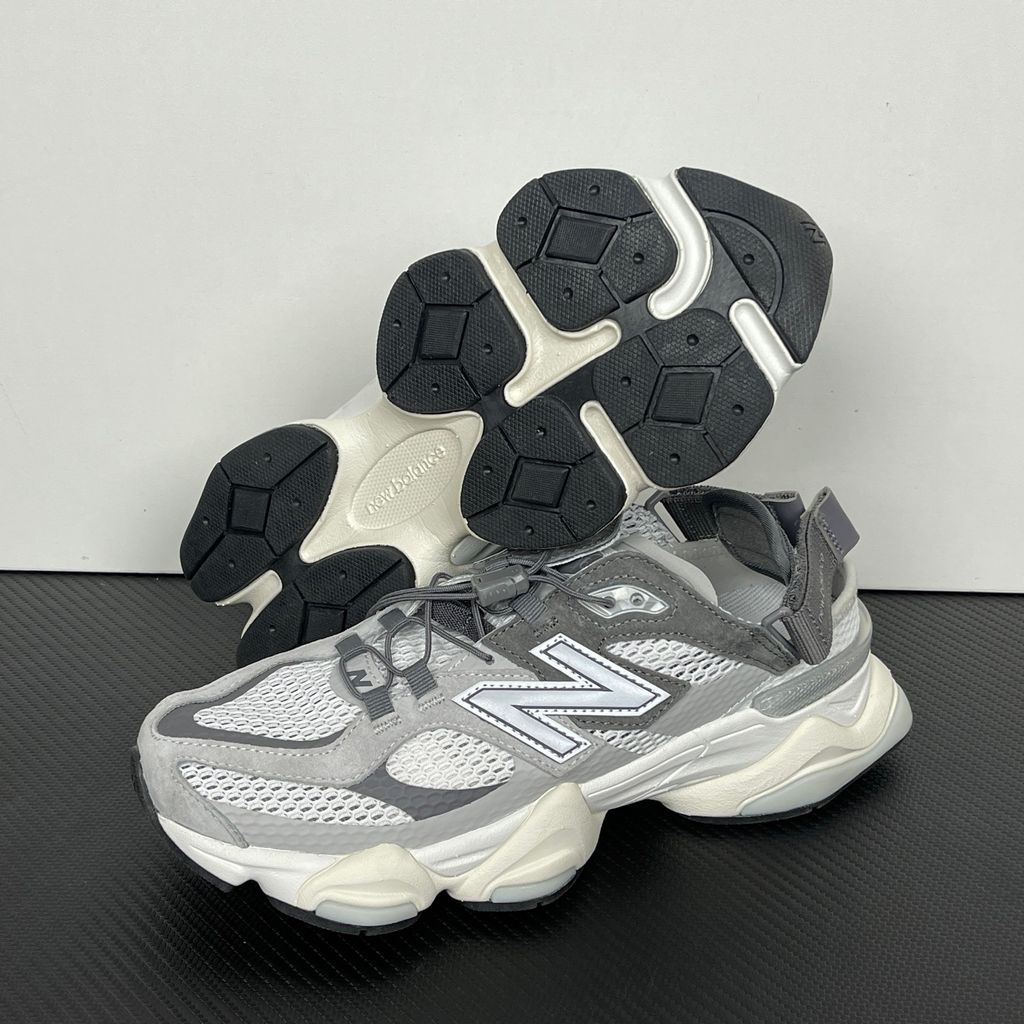 New Balance 9060 Summer sandal-sneaker hybrid in Raincloud and Castlerock grey, featuring an open back with an adjustable strap and ABZORB midsole, SKU U90603FA.