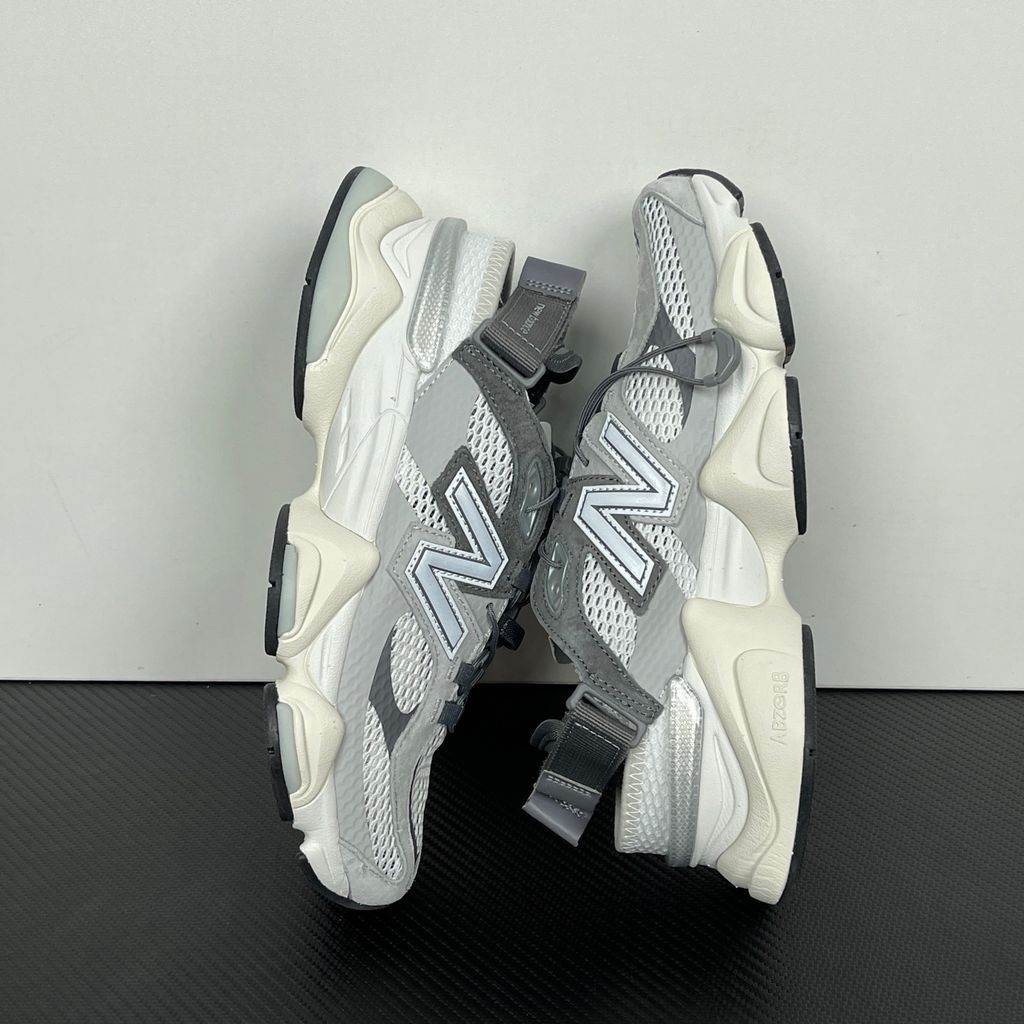 New Balance 9060 Summer sandal-sneaker hybrid in Raincloud and Castlerock grey, featuring an open back with an adjustable strap and ABZORB midsole, SKU U90603FA.