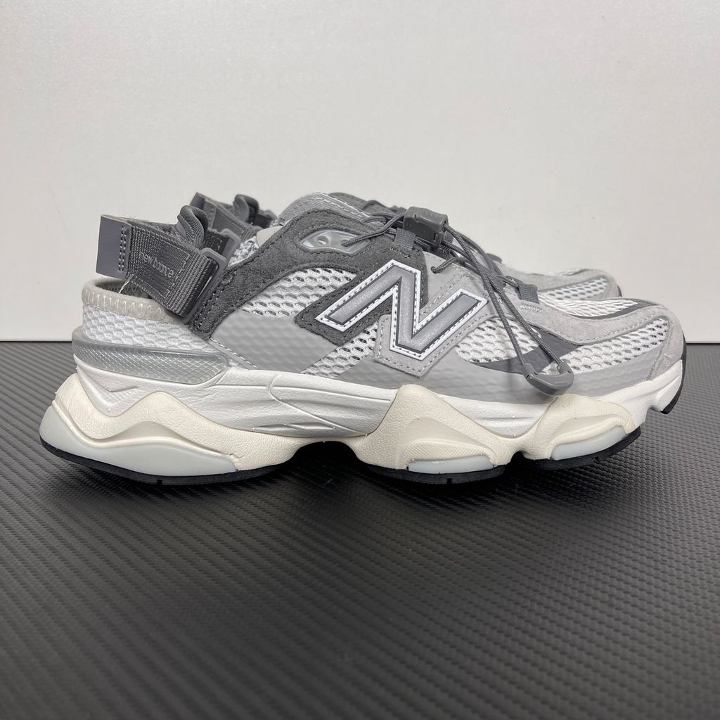 New Balance 9060 Summer sandal-sneaker hybrid in Raincloud and Castlerock grey, featuring an open back with an adjustable strap and ABZORB midsole, SKU U90603FA.