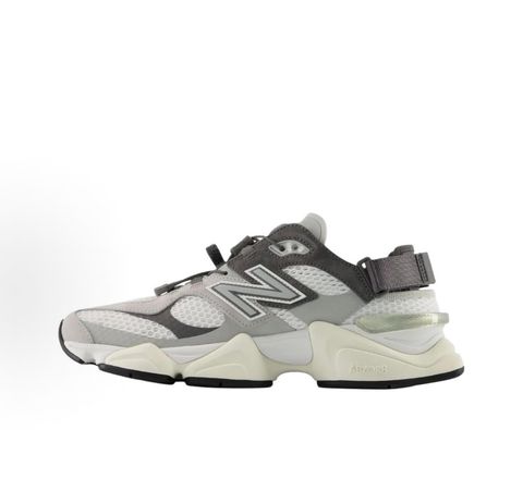 New Balance 9060 Summer sandal-sneaker hybrid in Raincloud and Castlerock grey, featuring an open back with an adjustable strap and ABZORB midsole, SKU U90603FA.