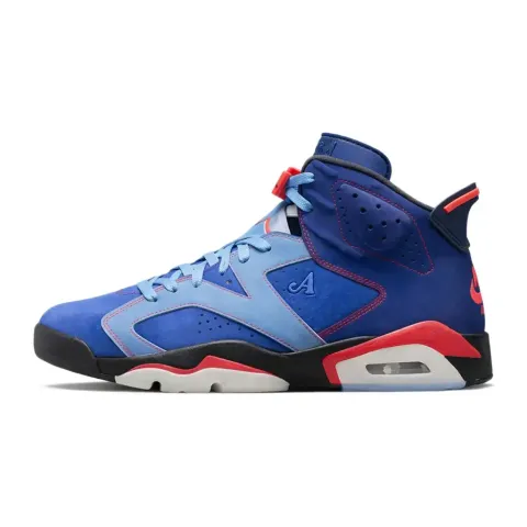 Limited edition Jordan 6 Retro x Awake NY collaboration sneaker in Midnight Navy, featuring a premium nubuck upper and visible Air cushioning, SKU IQ5706-400.