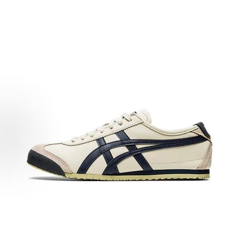 Onitsuka Tiger Mexico 66 vintage running sneaker in Birch and Peacoat navy, featuring a cream leather upper and signature side stripes, SKU 1183C102-200.